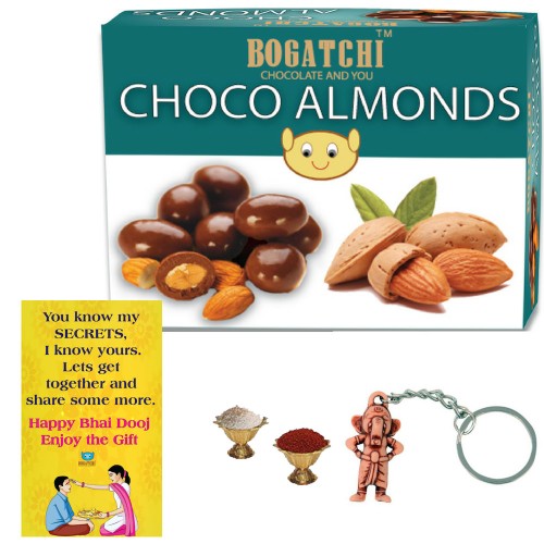  Complete Bhai Dooj Gift Hamper for Brother, Chocolate Coated Almonds, 100g + FREE Bhai Dooj Greeting Card + Free Beautiful Ganesha Key Chain + Roli Chawal